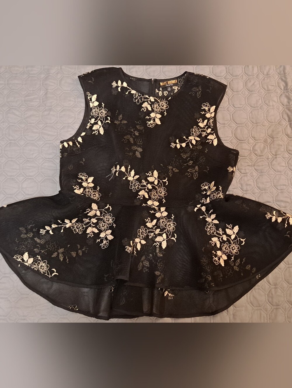 Marc Bouwer Mesh Black Lace Peplum Top with Gold Floral Embroidery Sz 1X